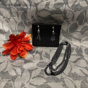 Sarah Coventry Black and Silver Dangle Drop Clip Earrings and Chain Necklace Set
